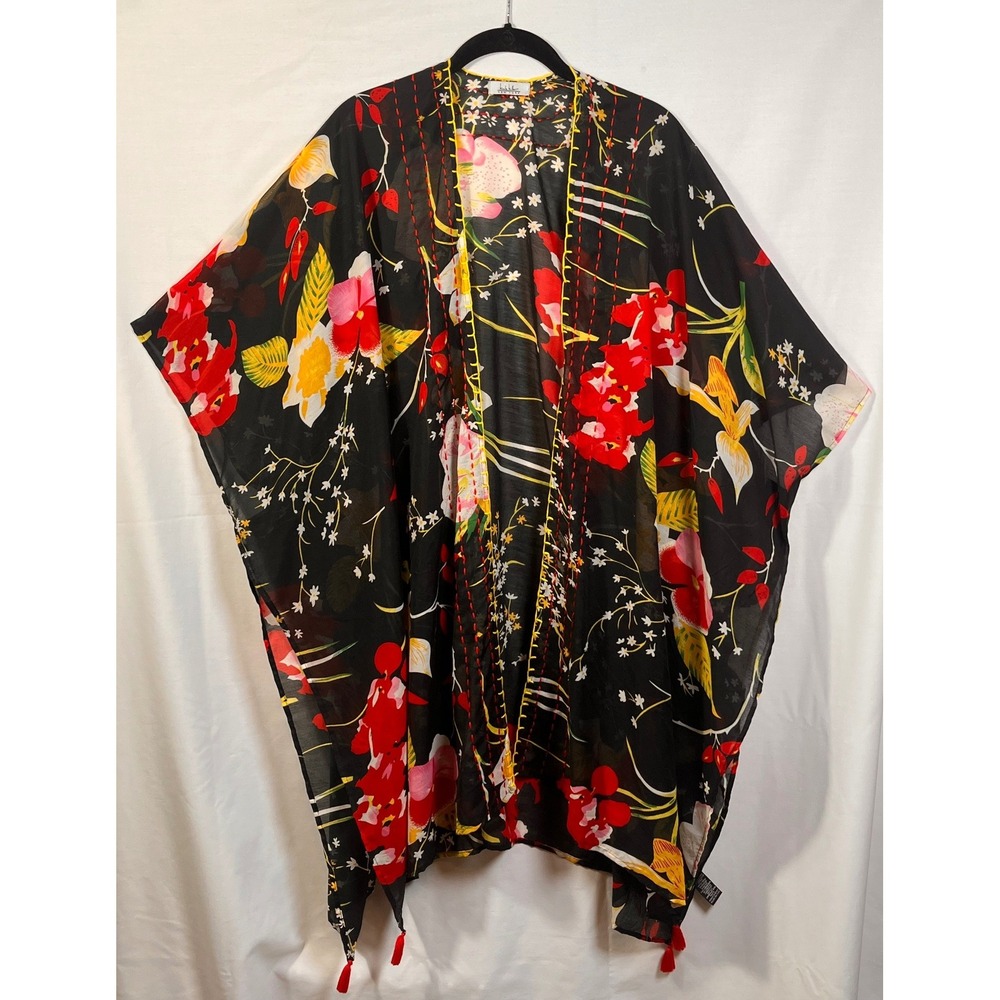 Nicole Miller New York Black Floral Sheer Kimono Tassel Boho Layering Cover Up